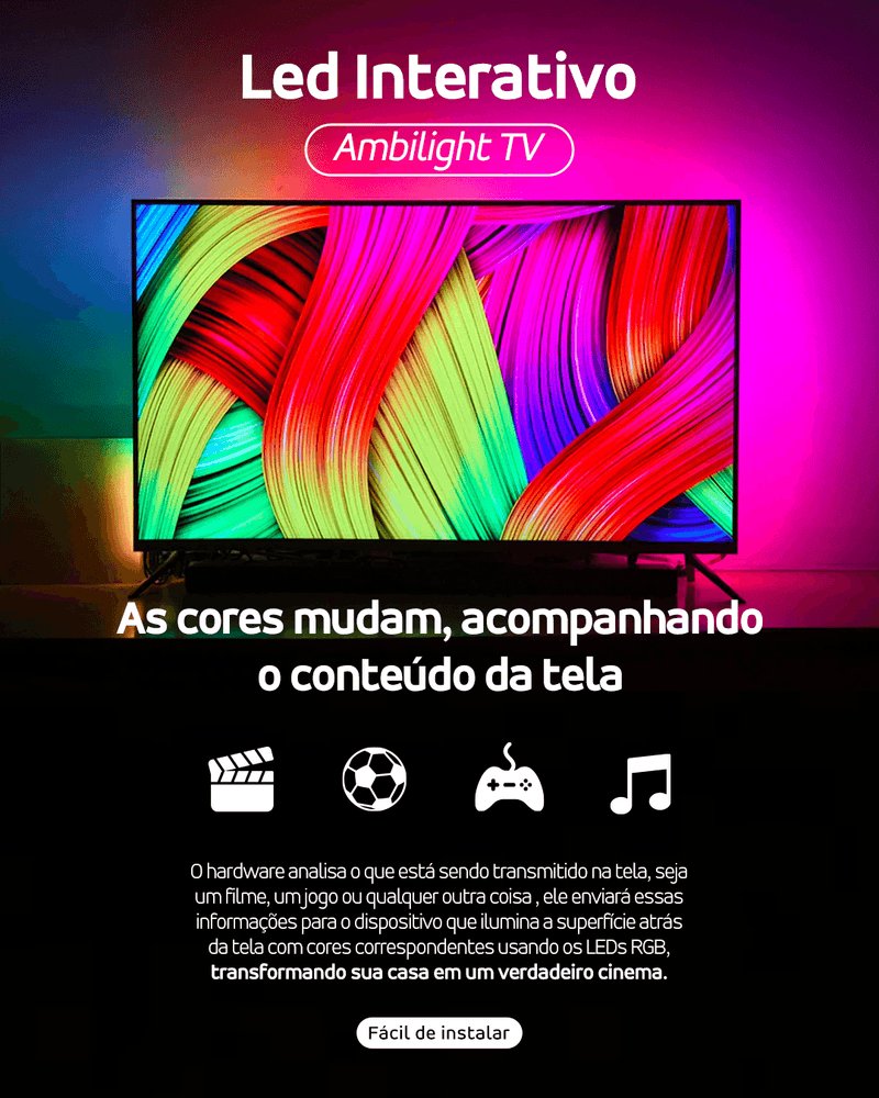 Fita LED Interativa Ambilight - TV/Gamer - Maré Descontos
